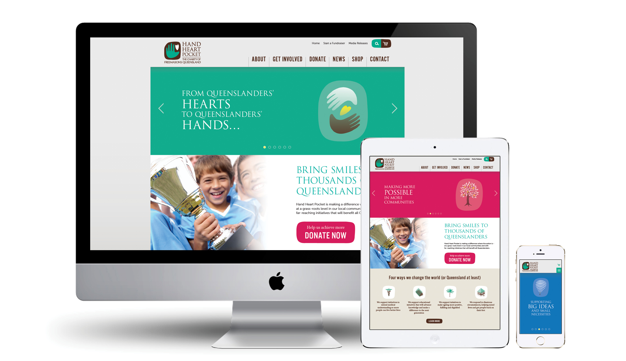 Hand Heart Pocket website home page design on desktop, tablet and phone