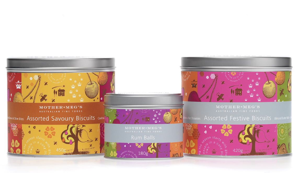Mother Meg's festive packs with bells, cherries and partridge