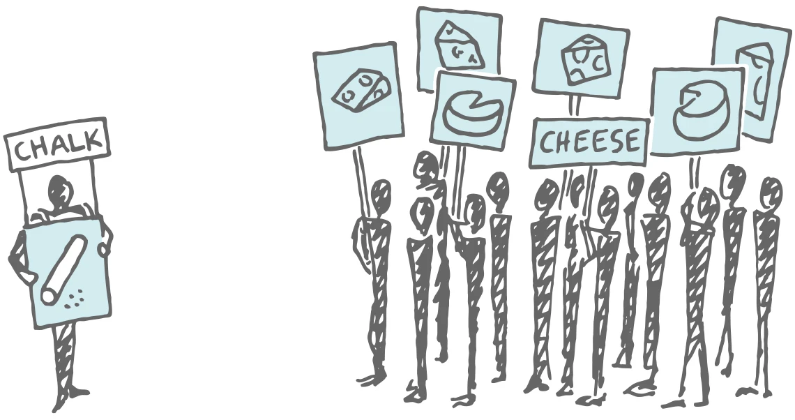 A man stands with a sandwich board showing a piece of chalk in front of a crowd holding banners showing cheese illustrating your brand may not be what your audience thinks you are