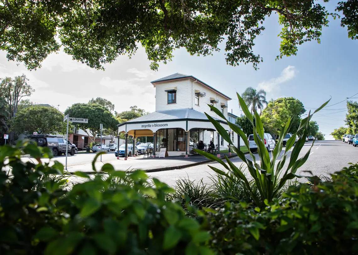 Myrtle & Blossom view of the heritage listed building and signage